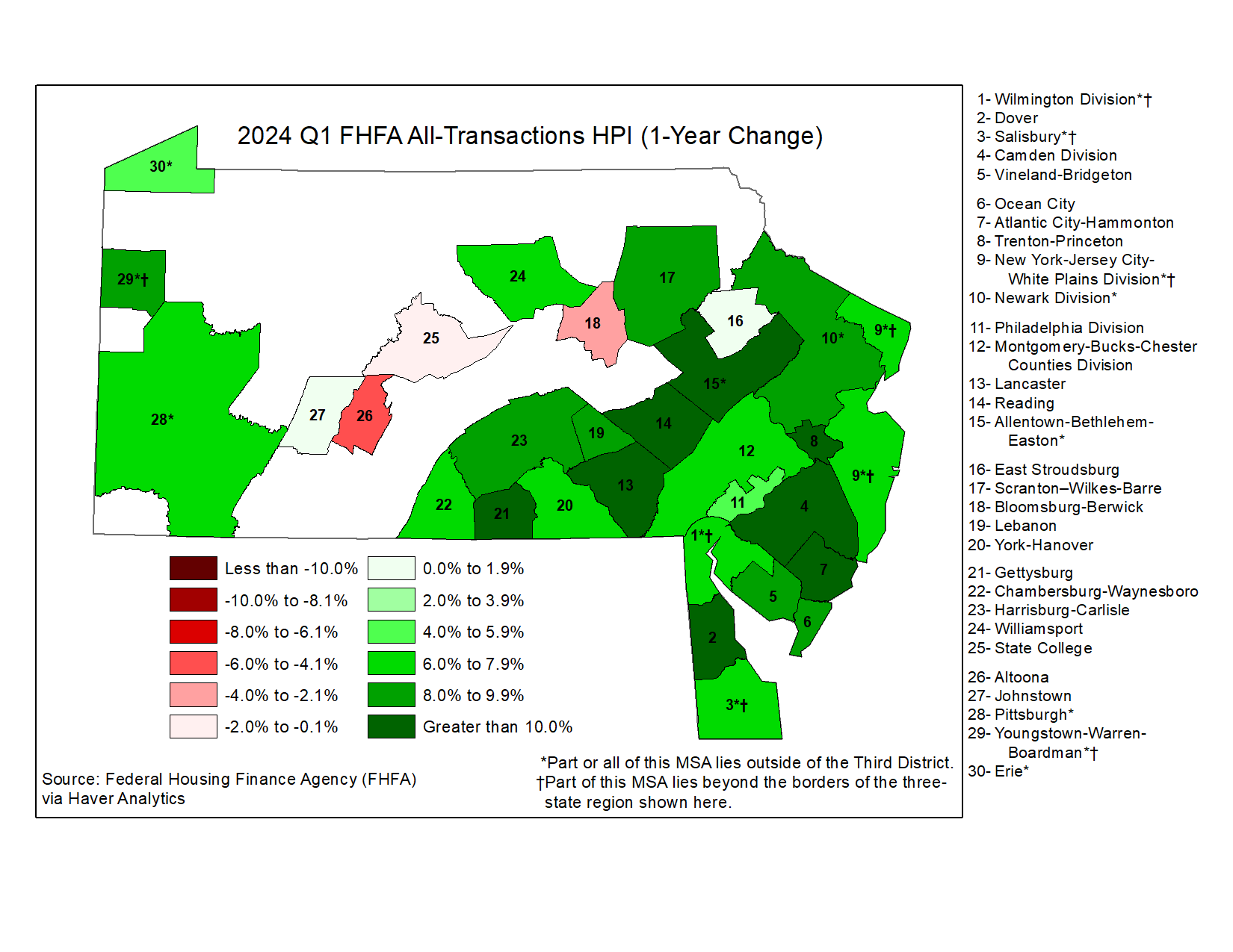 Map showing FHFA All-Transactions HPI (1-Year Change)