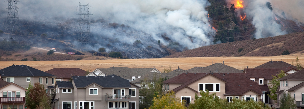 A group of houses in the foreground with a wildfire burning in the hills in the background.