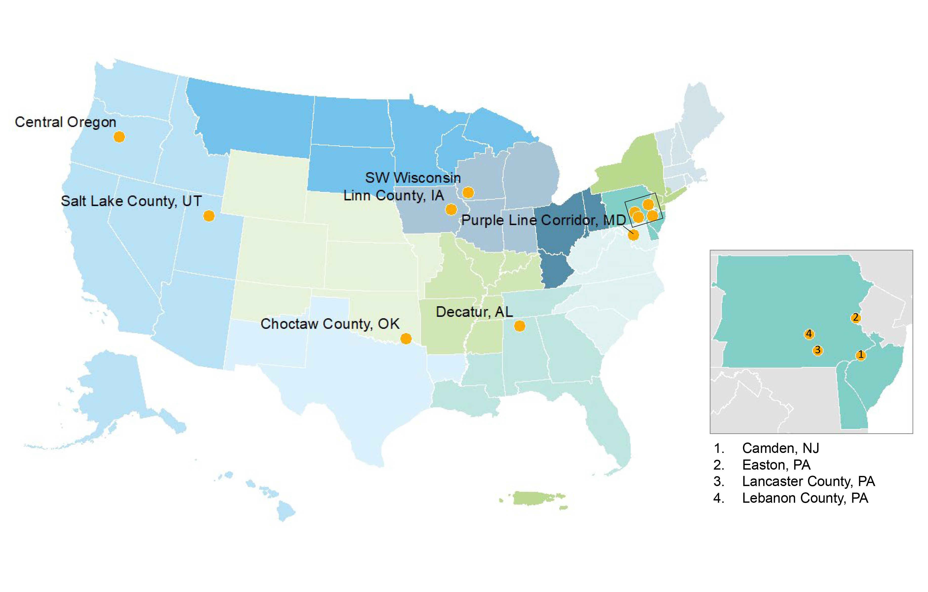 A map of the U.S. with dots indicating where program participants hail from.