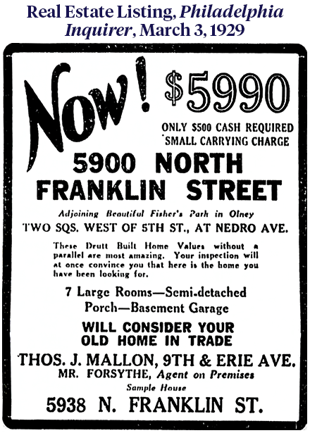 Real estate listing from 1929