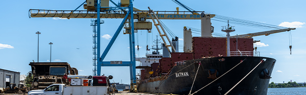 A large ship is docked at a port in Camden, New Jersey.