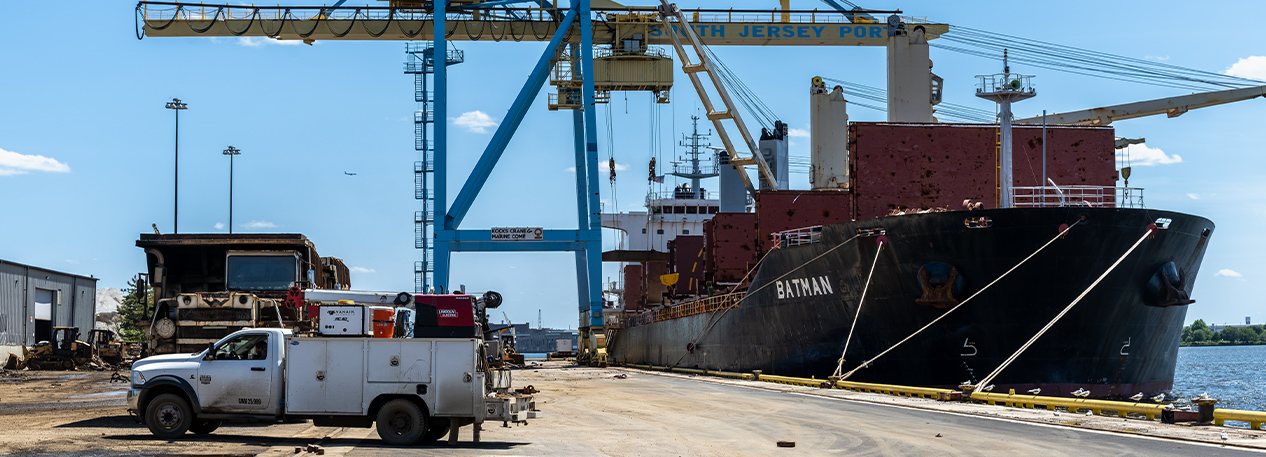 A large ship is docked at a port in Camden, New Jersey.