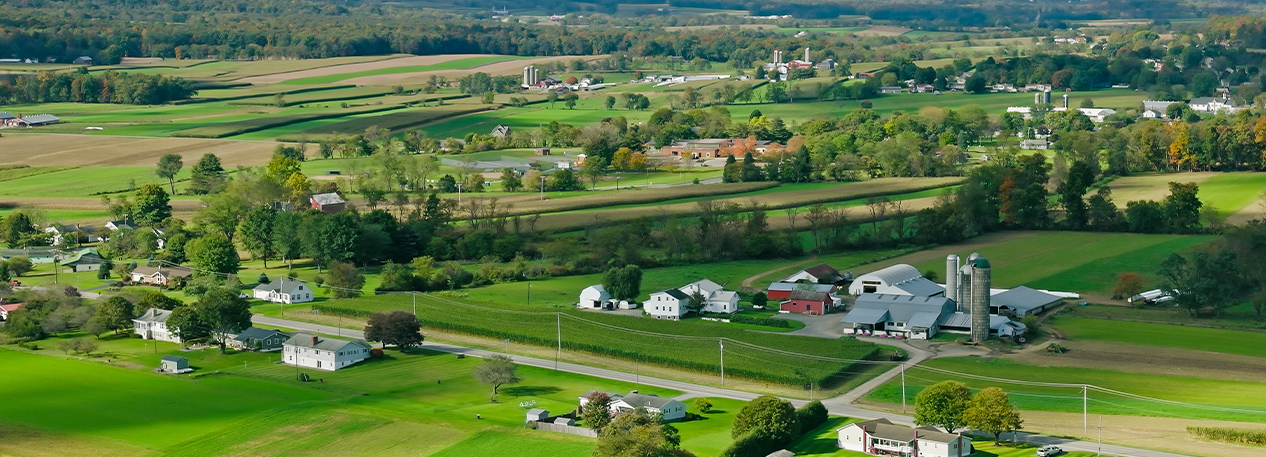 Country road with a farm and a number of small homes.