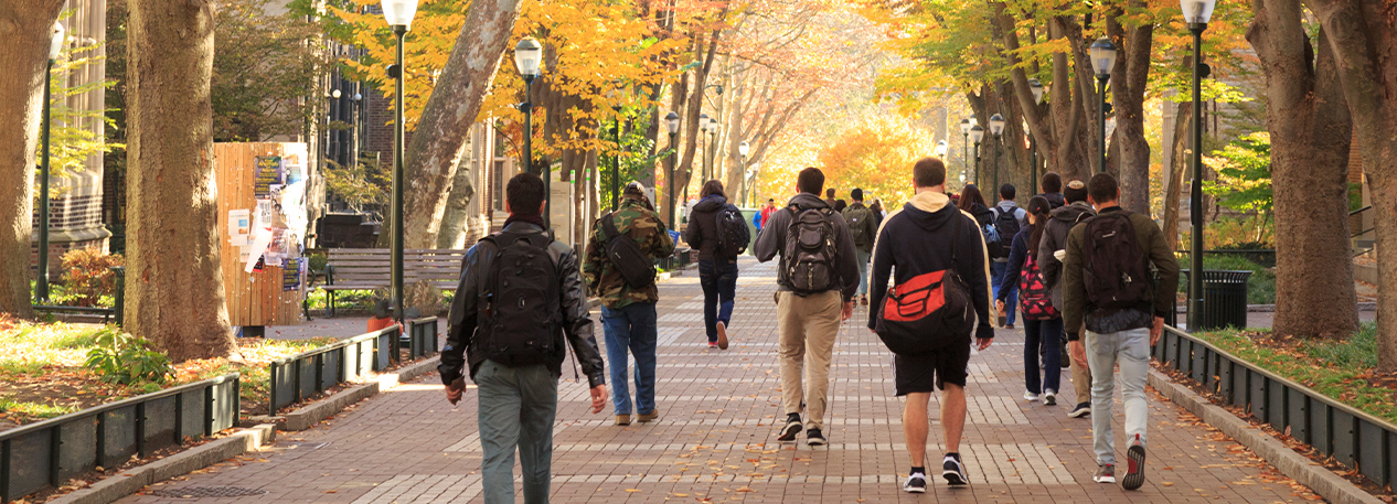 View from behind of students walking among trees in the fall