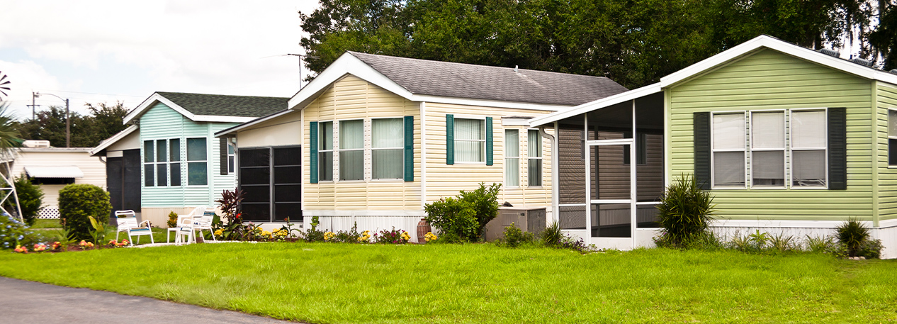 An aerial view of a manufactured housing community.