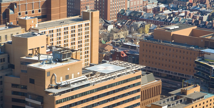 A view of Philadelphia city buildings from above.