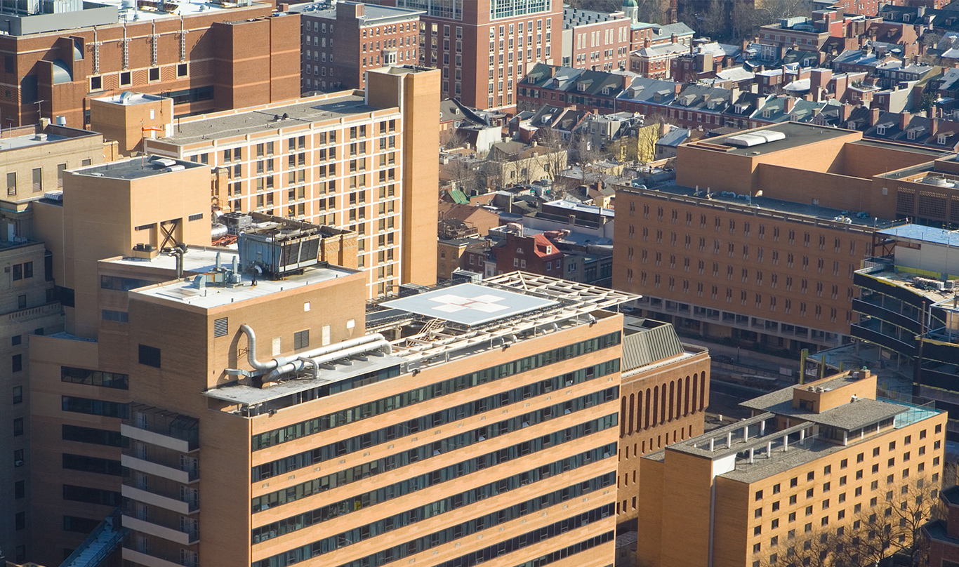 A view of Philadelphia city buildings from above.