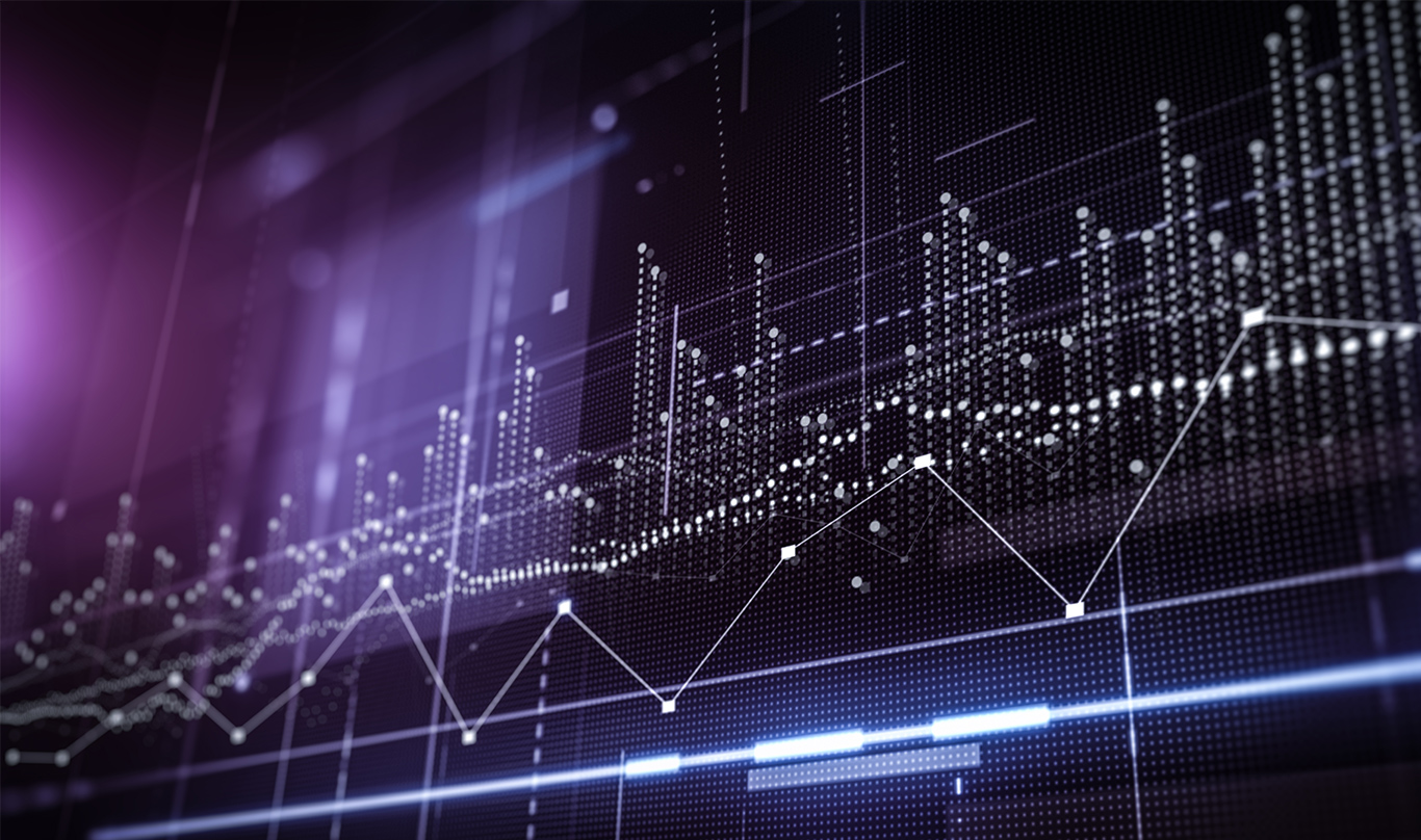 A digital graph displays datapoints with a purple and blue gradient overlay.