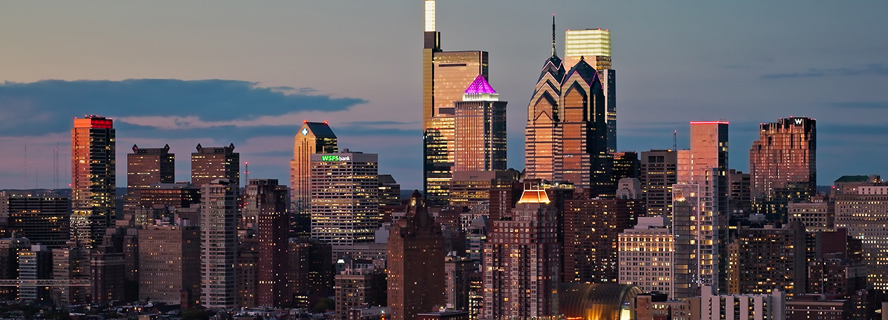 The Philadelphia skyline at dusk.