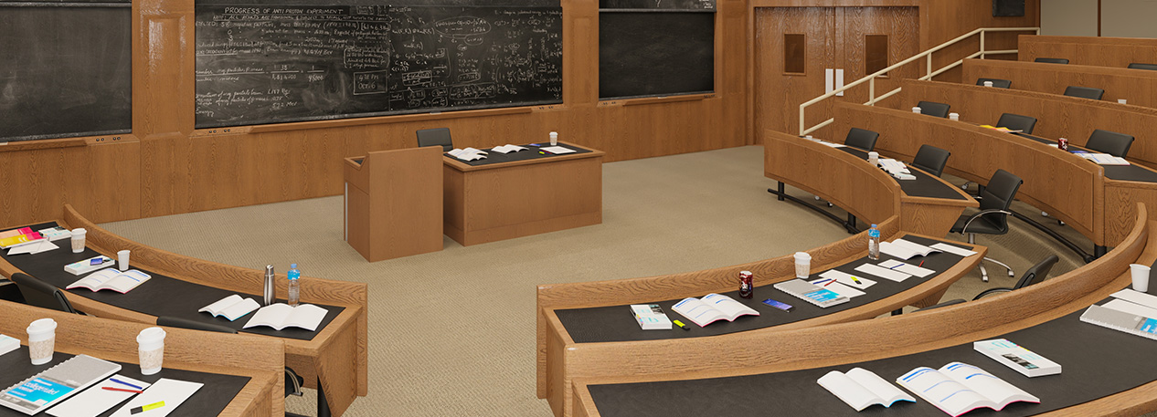 An empty college lecture hall.