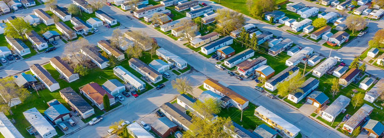 A view from above of a manufactured home community.