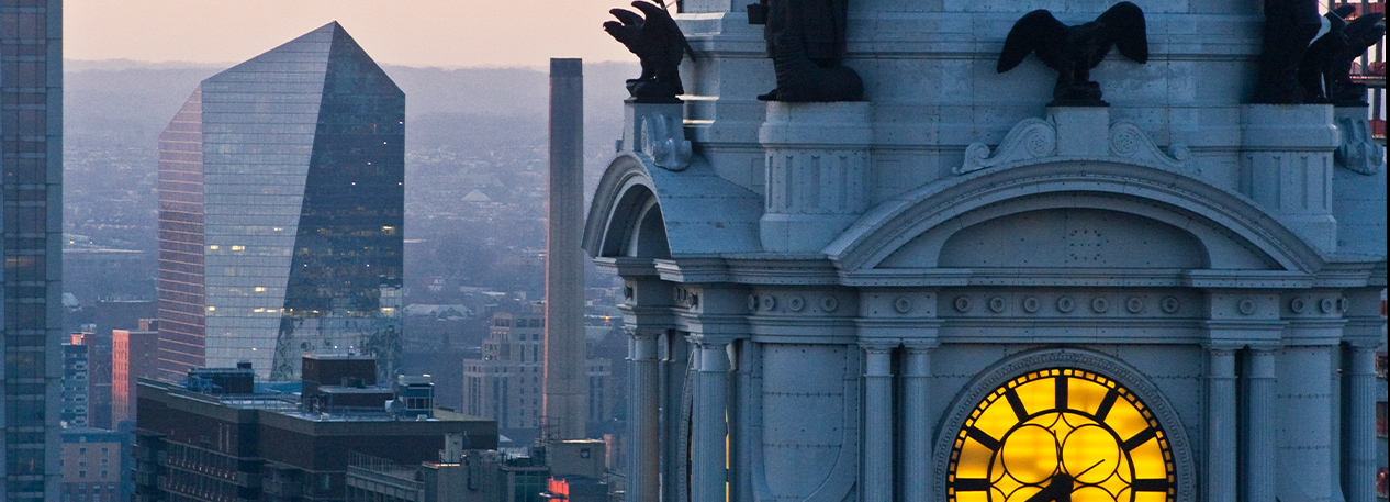 Close-up photo of Philadelphia's City Hall tower.