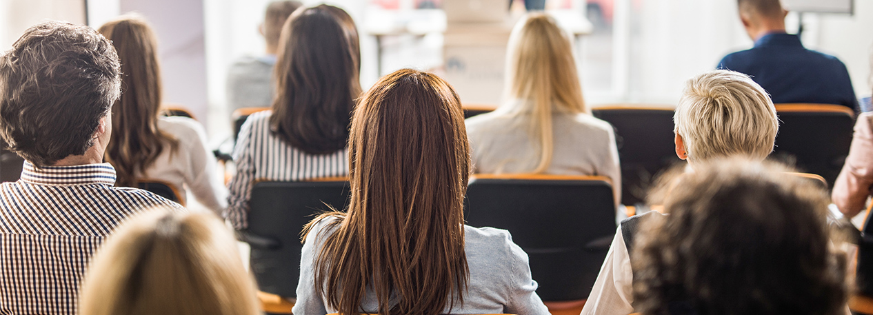 Audience, seen from behind, sitting in chairs