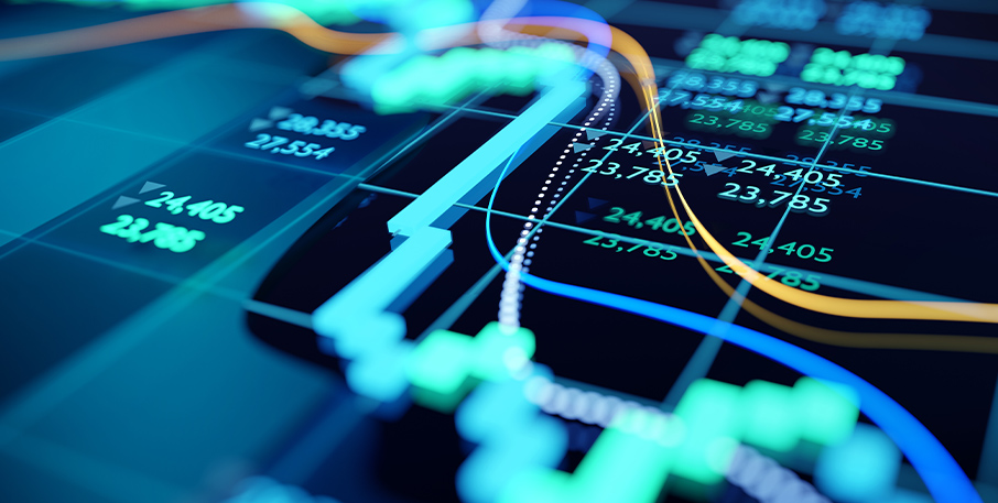 Abstract digital financial chart displaying multiple colored trend lines and numerical data points on a dark grid background. The image represents stock market or financial trading analytics.