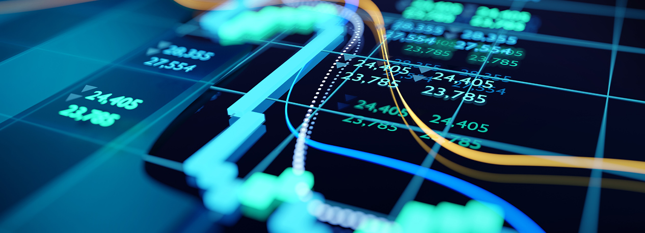 Abstract digital financial chart displaying multiple colored trend lines and numerical data points on a dark grid background. The image represents stock market or financial trading analytics.