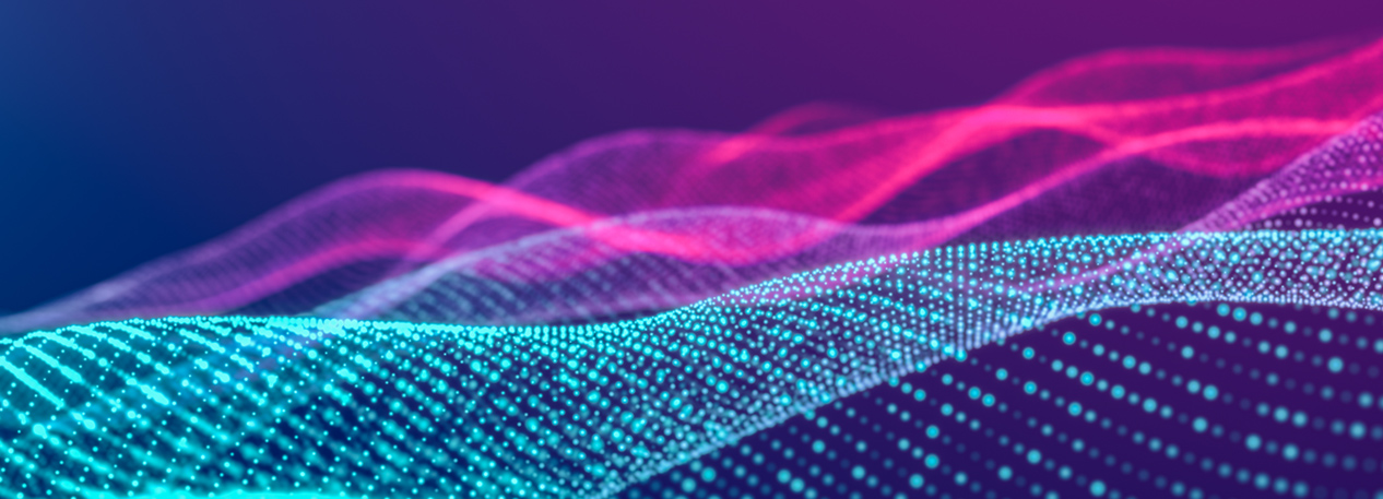 A pink and teal digital wave pattern on a purple background.