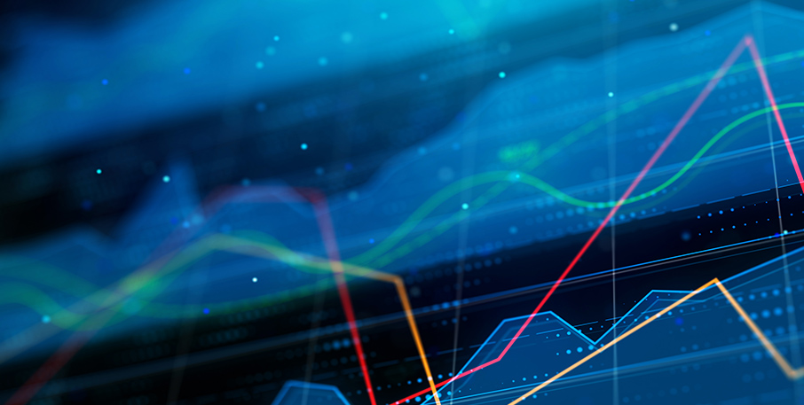 Red, green, and yellow lines intersect on blue, digital line graph.