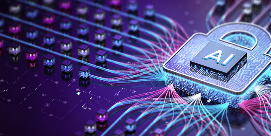 A pink and blue computer chip with AI written on top.