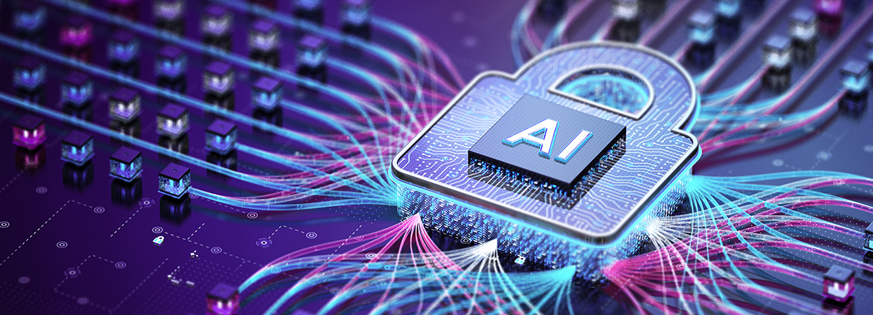 A pink and blue computer chip with AI written on top.