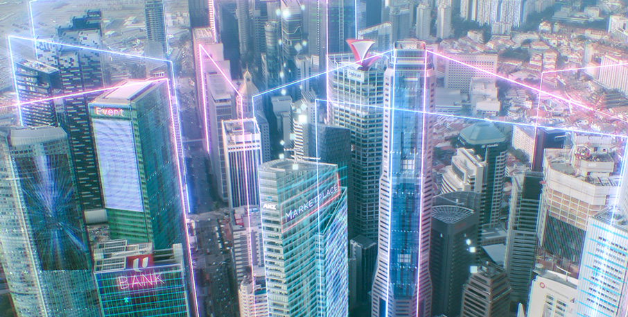 Stylized view of a city skyline with neon-colored lines connecting the buildings.