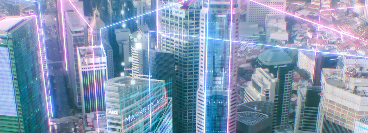 Stylized view of a city skyline with neon-colored lines connecting the buildings.