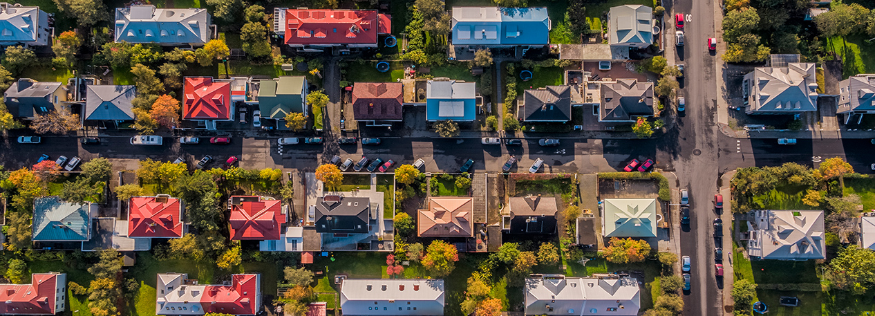 Aerial photo of single-family homes in a suburban neighborhood