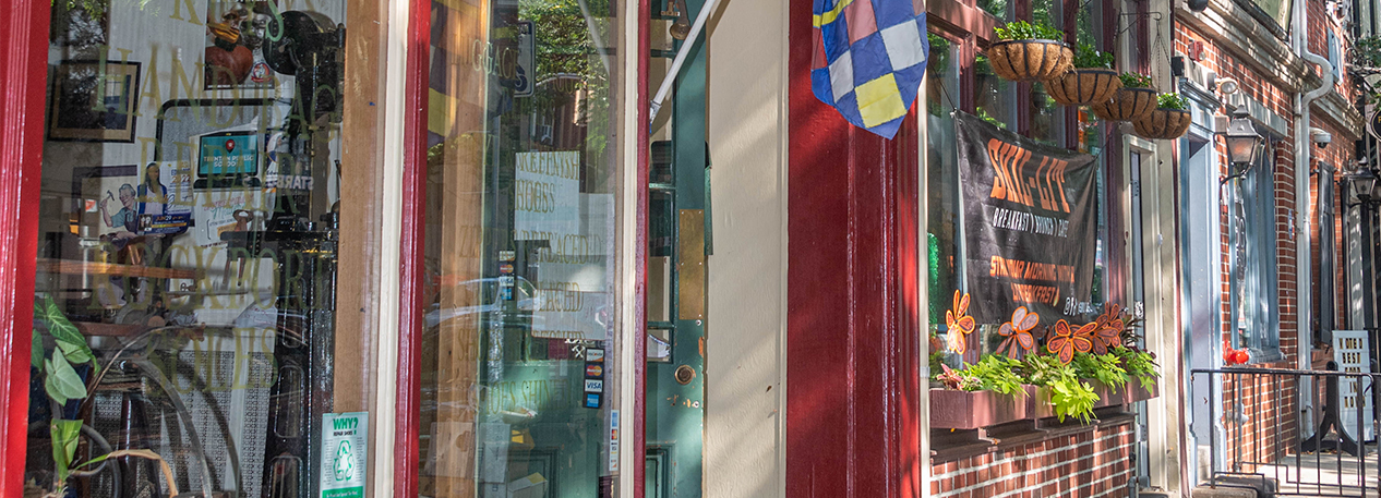 Storefronts along a main street.