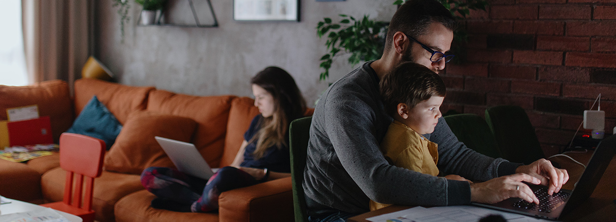 A family working from home in their living room