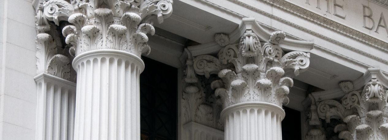 Bank building with ornate white columns