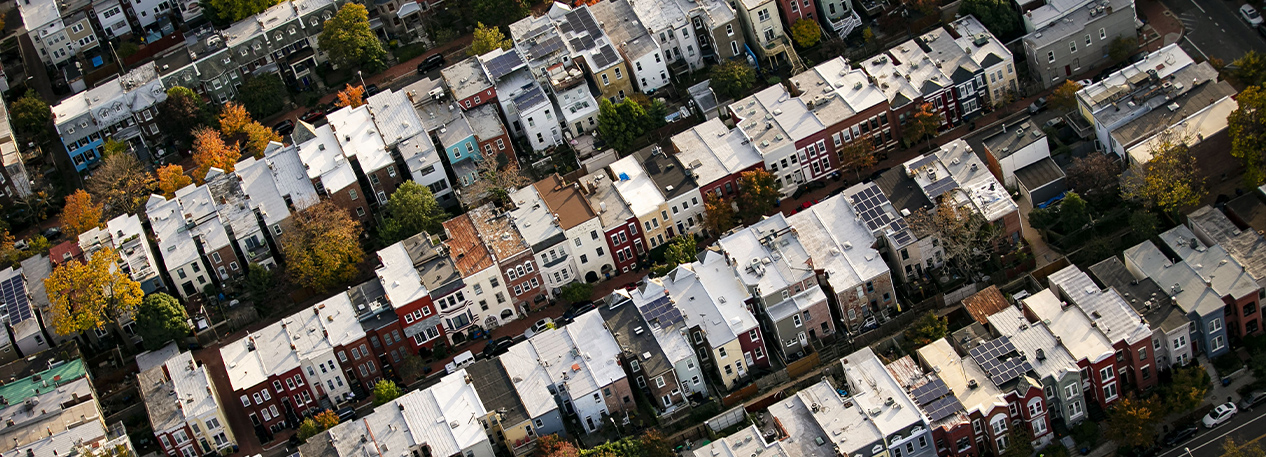 A view of residential blocks in a city from above.