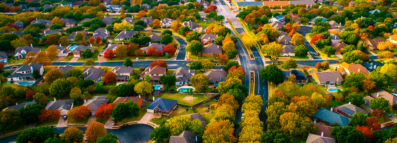 A view of a suburban neighborhood from overhead.