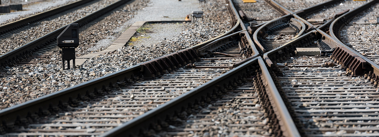 An intersection of railroad tracks.