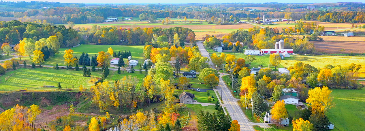 A bird's eye view of a country road.