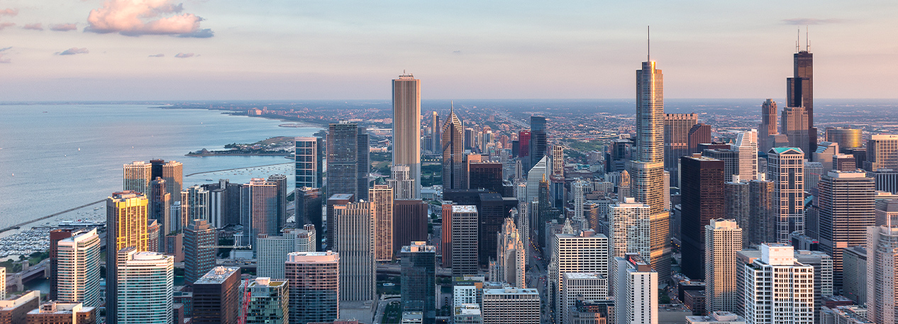 The Chicago skyline at sunset.