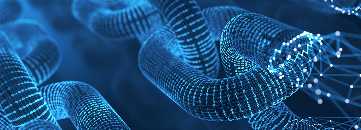 A digitized chain link in blues and greens.