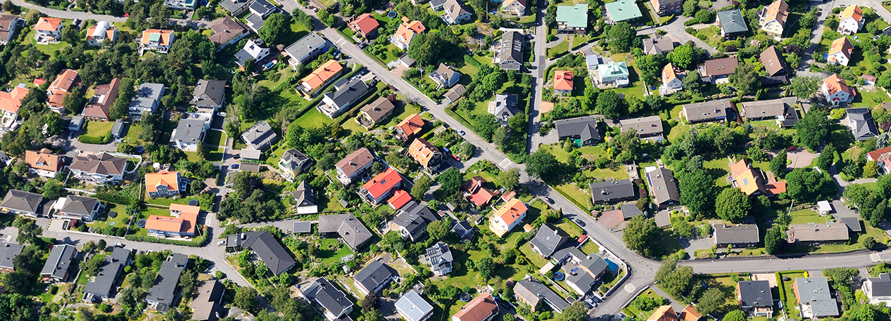An aerial view of a suburban neighborhood.