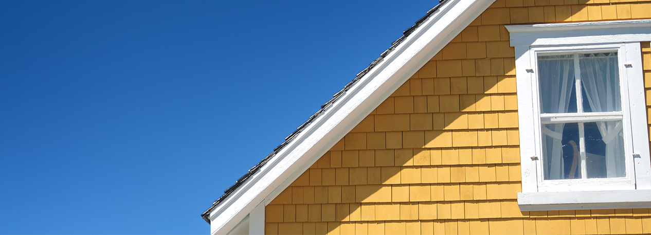 Close-up of a slanted roofline silhouetted against the blue sky