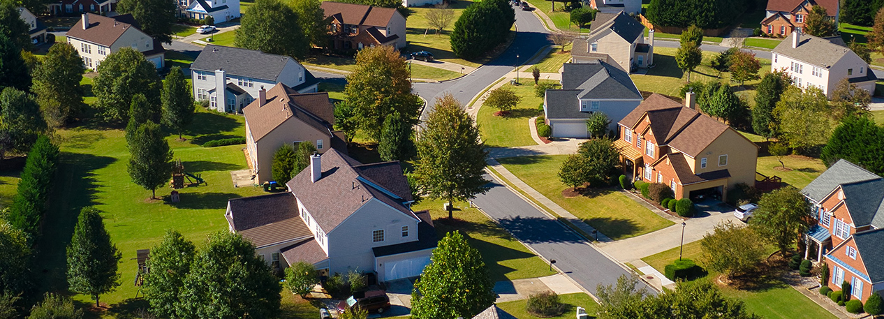 The view of a suburban street from above.