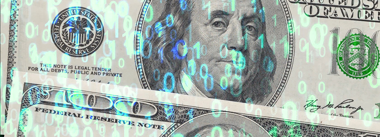 Hundred-dollar bills with pale green "ones" and "zeroes" superimposed over them
