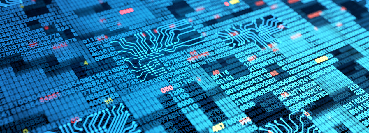 A stylized image in blues of a circuit board and binary code.