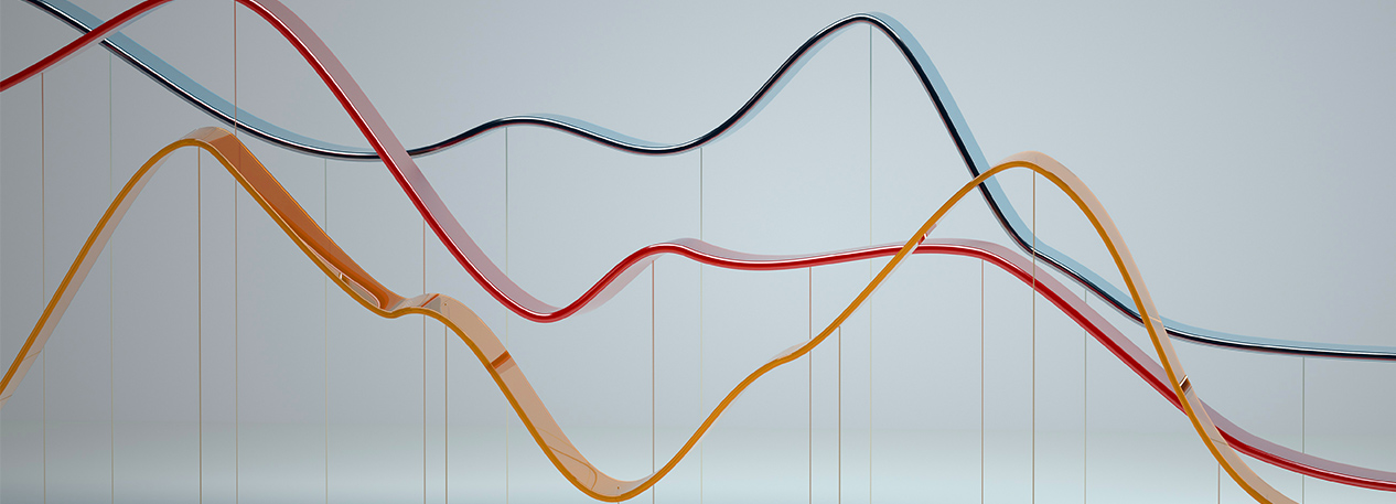 An abstract line graph with red, yellow, and blue lines.