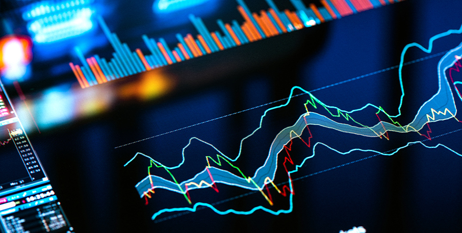 A digital, multi-colored chart indication trends with a line graph above it.