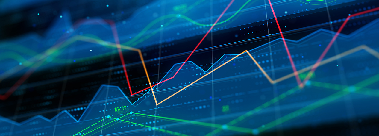 Red, green, and yellow lines intersect on blue, digital line graph.