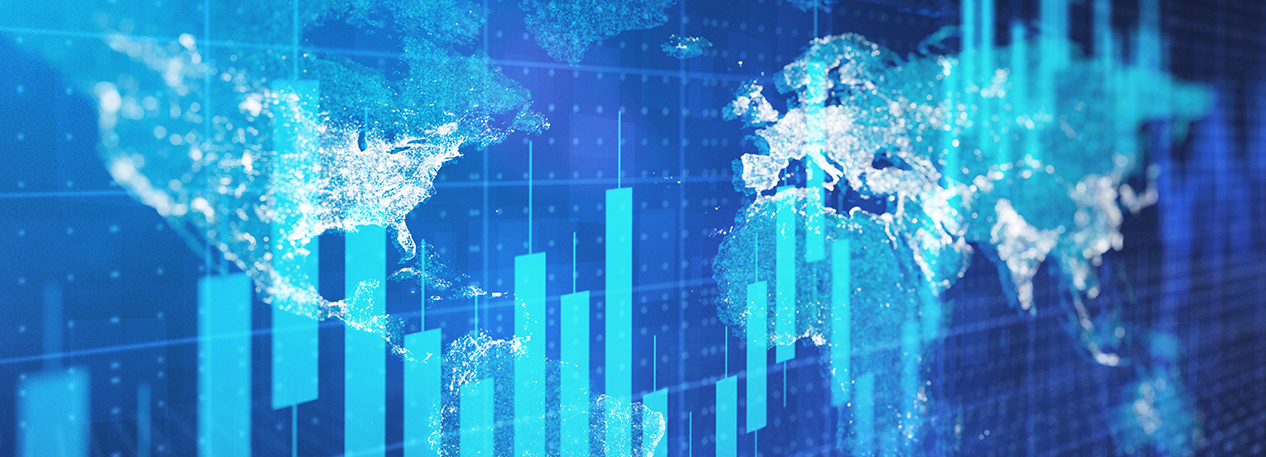 A graph overlays a world map, all in shades of blue.