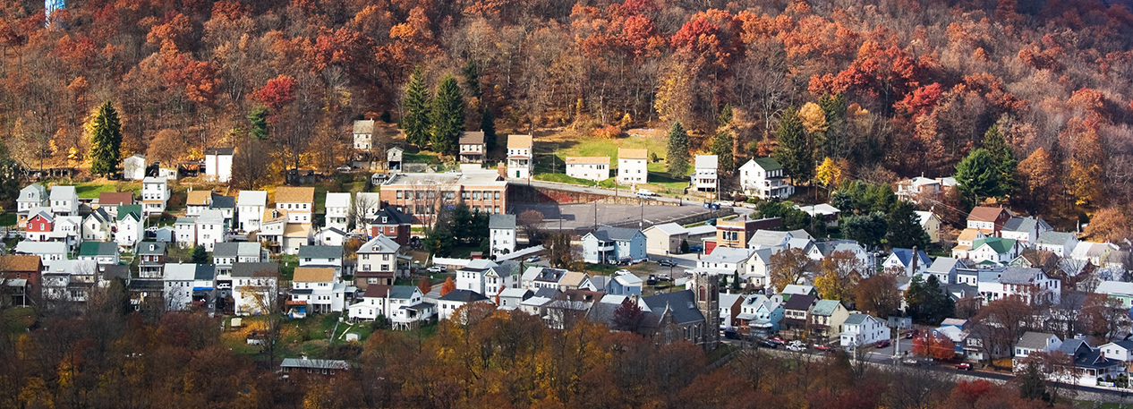 Aerial photo of Jim Thorpe, Pennsylvania during autumn.