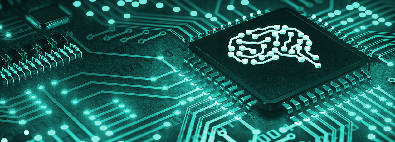 A green stylized computer chip with a image of a brain.