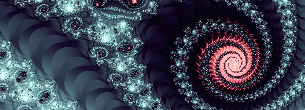 A black, red, and green spiraling fractal.