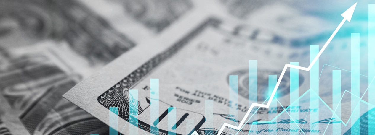 A blue bar chart shows growth against the backdrop of U.S. dollars.