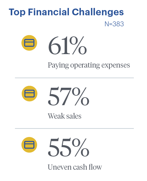 Top Financial Challenges (N=383): 61% Paying operating expenses, 57% Weak sales, 55% Uneven cash flow