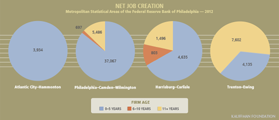 Net Job Creation by Firm Age in Four Metropolitan Statistical Areas of the Third Federal Reserve District in 2012